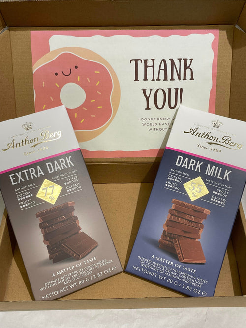 Open Anthon Berg chocolate gift box standard size with two 80g bars and personalized greeting card