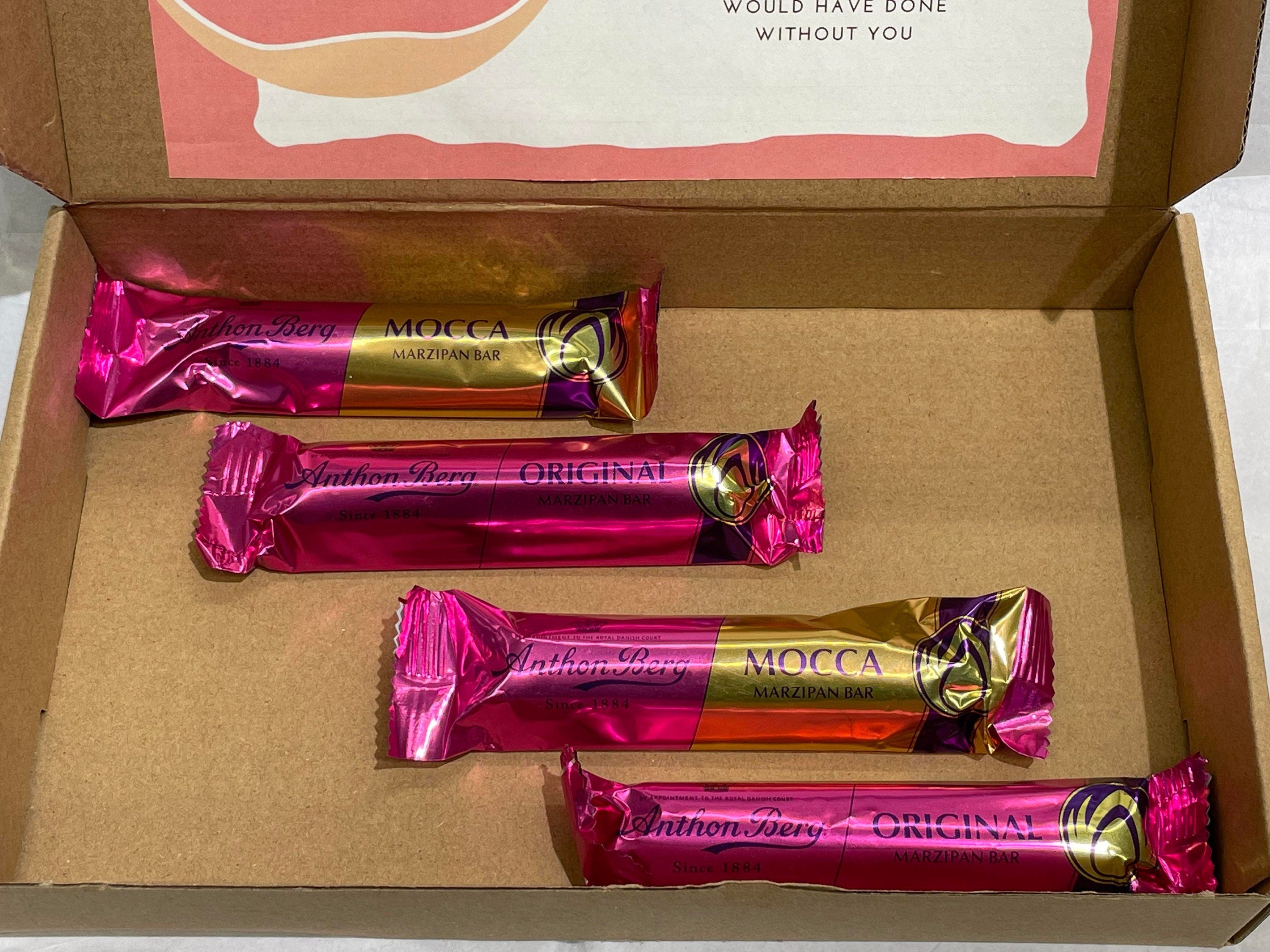 Anthon Berg marzipan gift box light size containing four 40g dark chocolate-covered marzipan bars