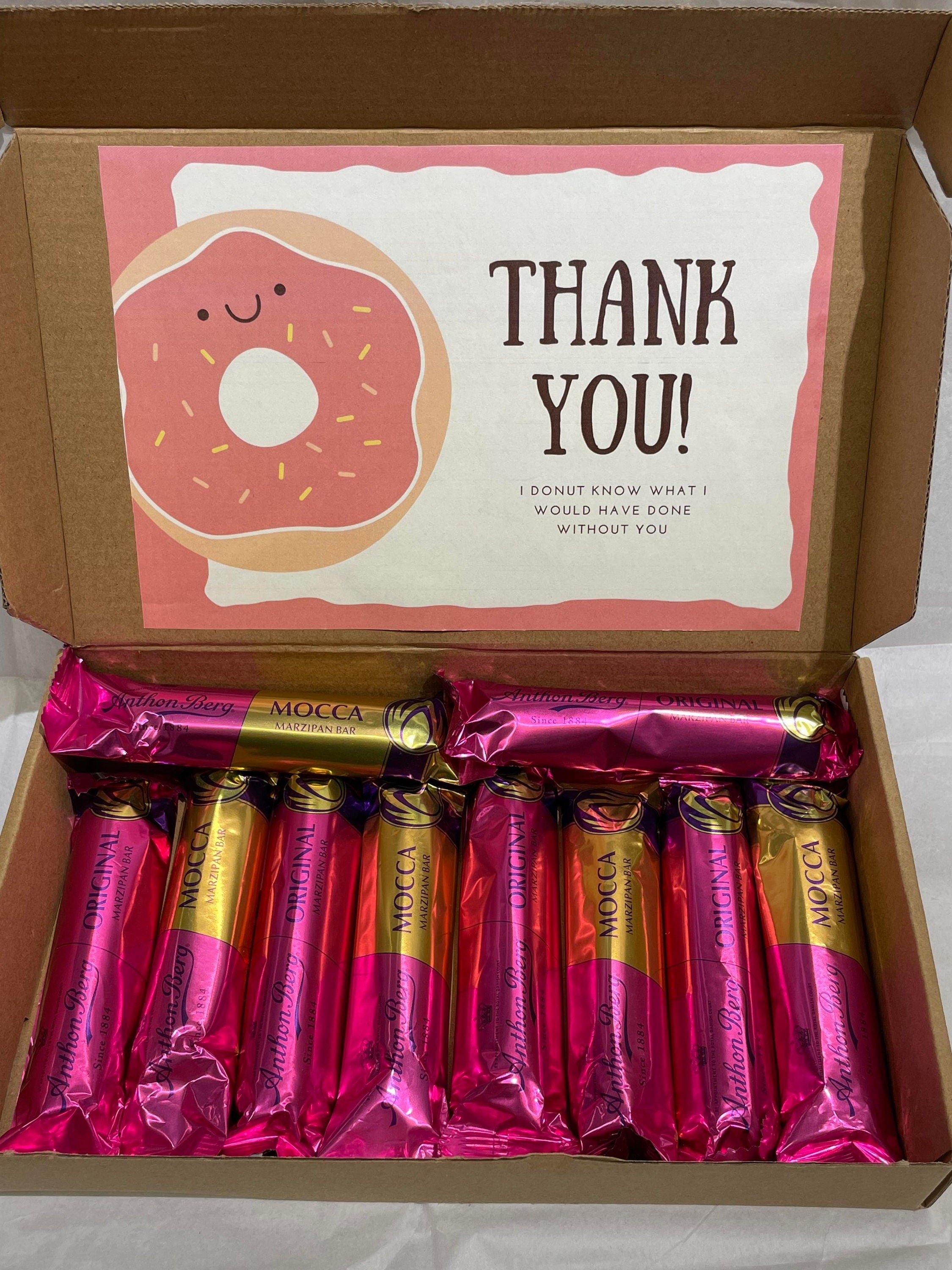 Open Anthon Berg marzipan gift box medium size with ten 40g dark chocolate-covered marzipan bars and personalized greeting card