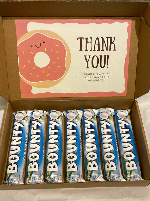 Open Bounty coconut chocolate gift box heavy size with eleven 57g bars and personalized greeting card