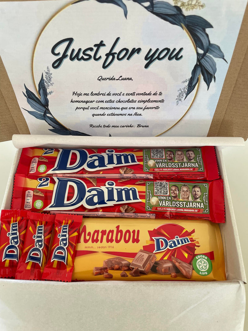 Custom chocolate gift box with Swedish Daim and Marabou chocolates and personalized greeting