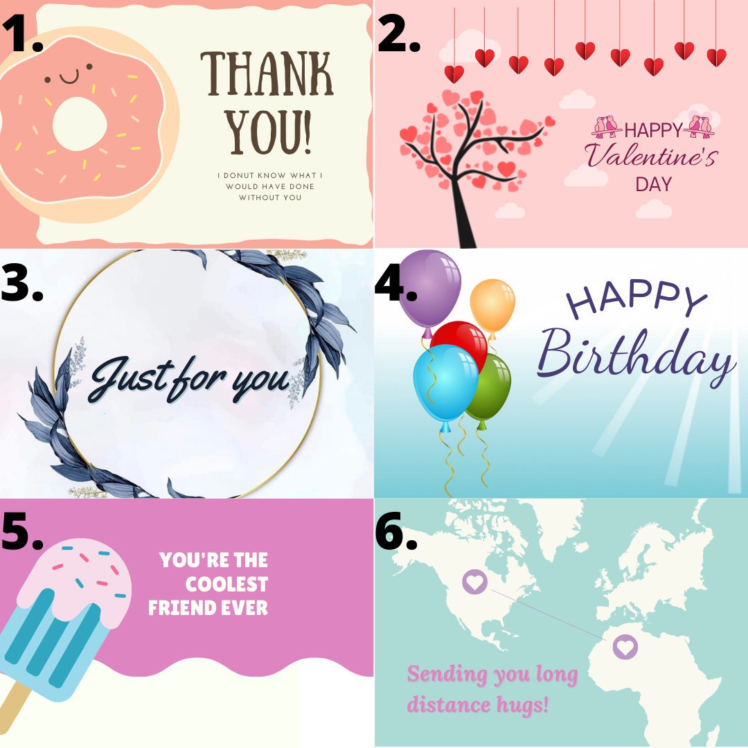 Six greeting card templates including thank you donut, Valentine's Day, birthday balloons, friendship, and long distance designs