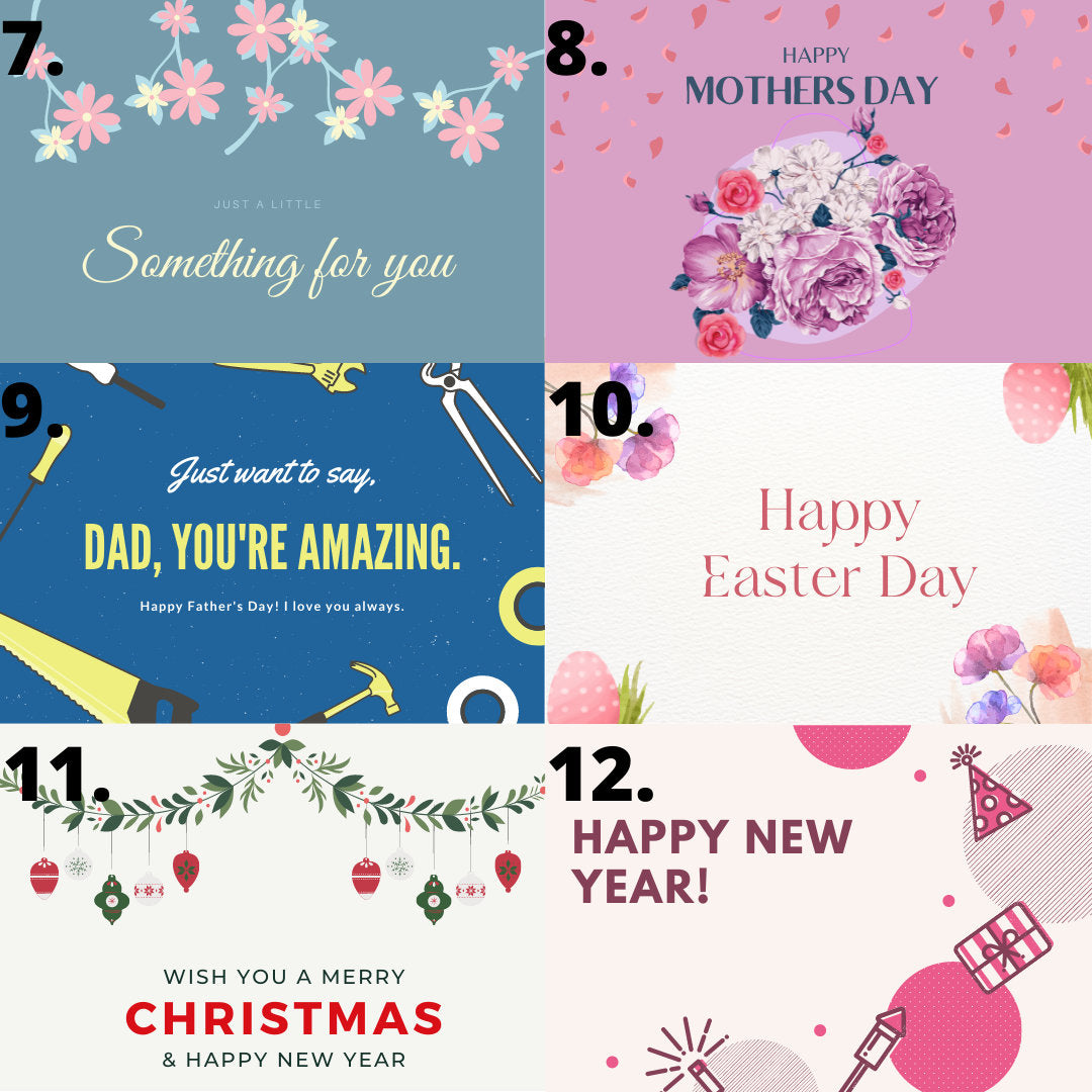 Six seasonal greeting card templates including Mother's Day, Father's Day, Easter, Christmas, and New Year designs