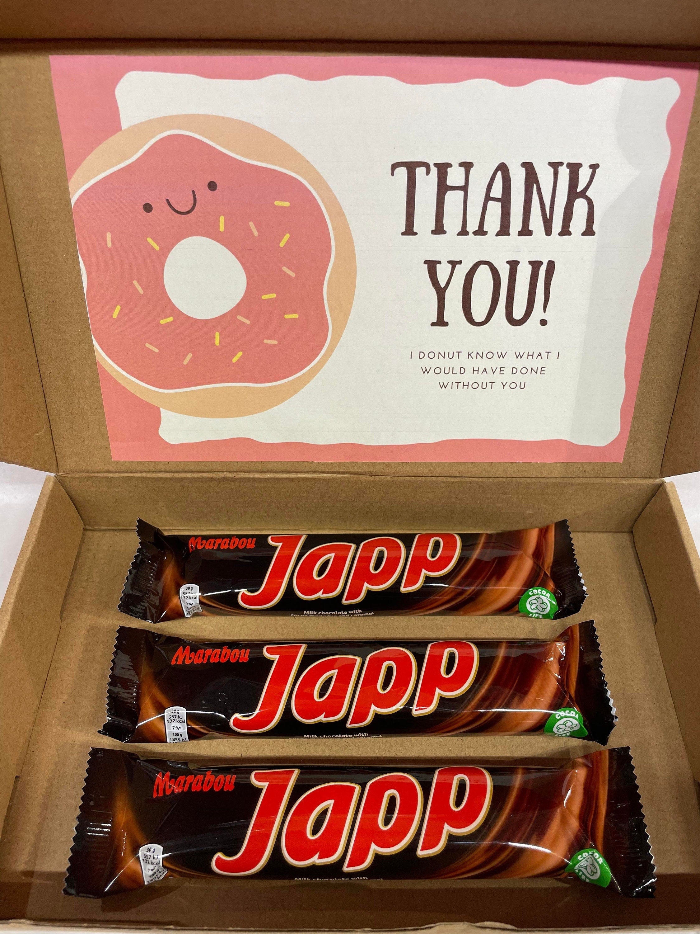 Open Japp chocolate gift box light size with three 60g double bars and personalized greeting card