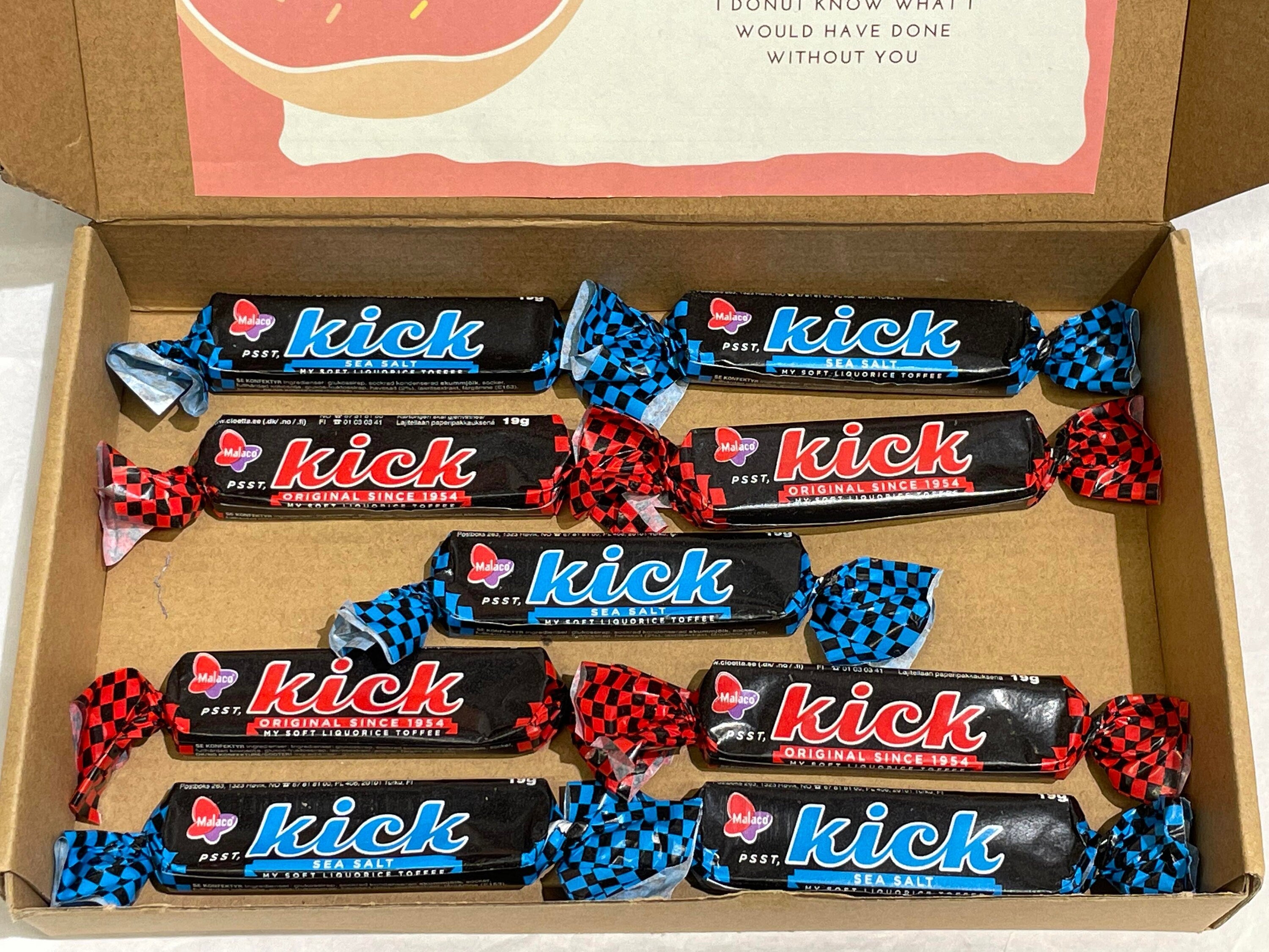 Kick soft licorice gift box light size containing nine 19g toffees