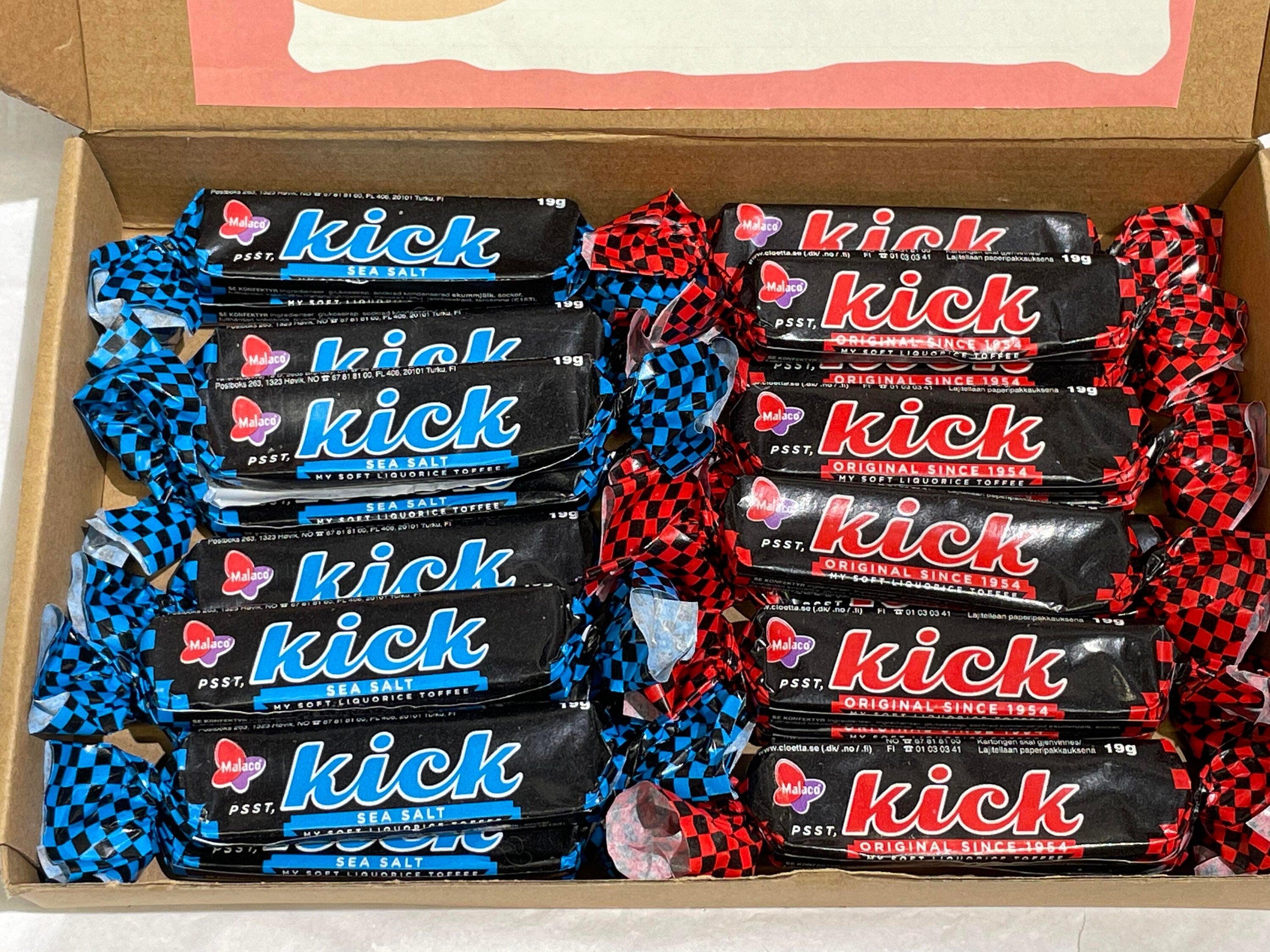 Kick soft licorice gift box medium size containing twenty-two 19g toffees