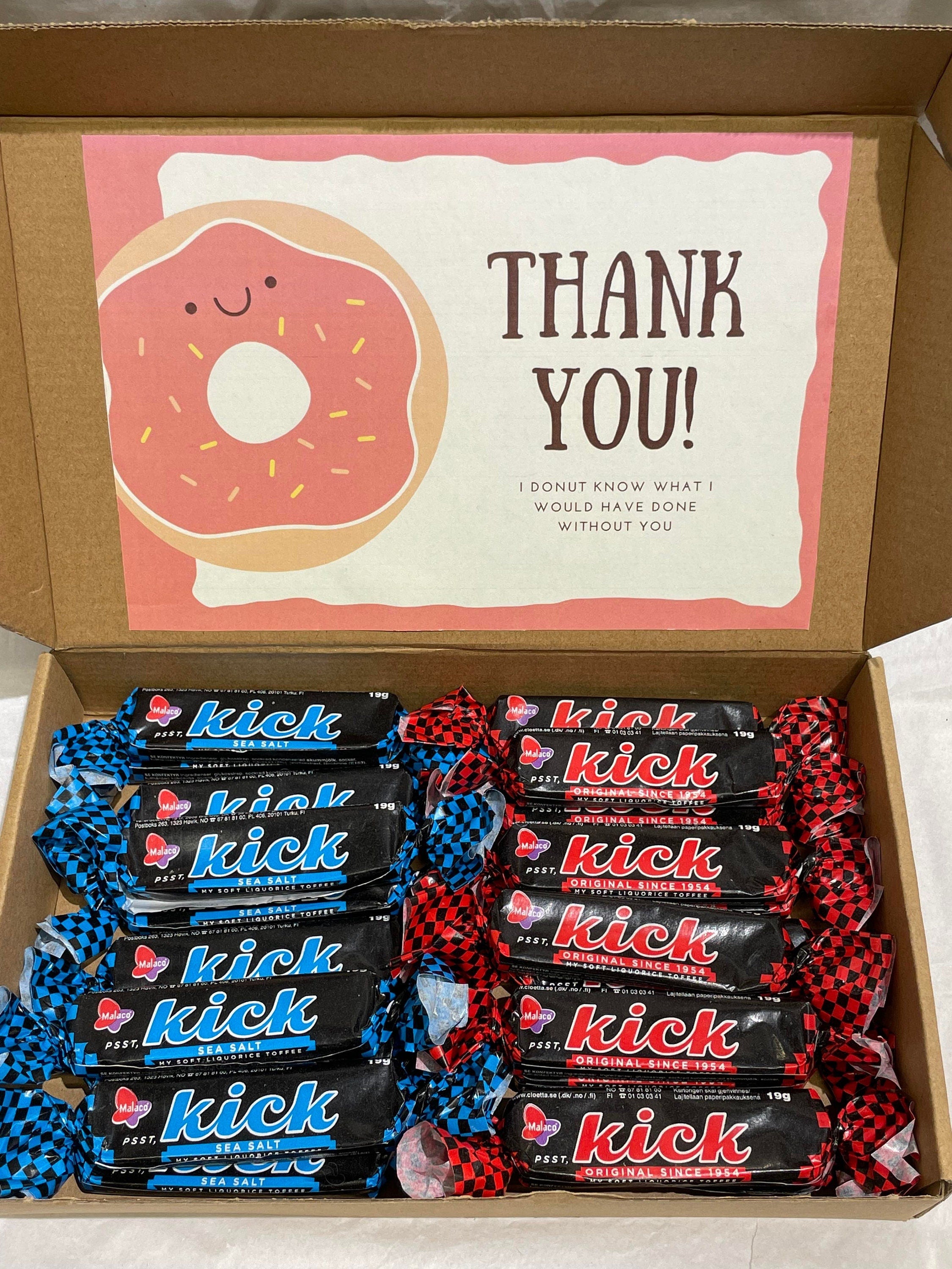 Open Kick soft licorice gift box medium size with twenty-two 19g toffees and personalized greeting card