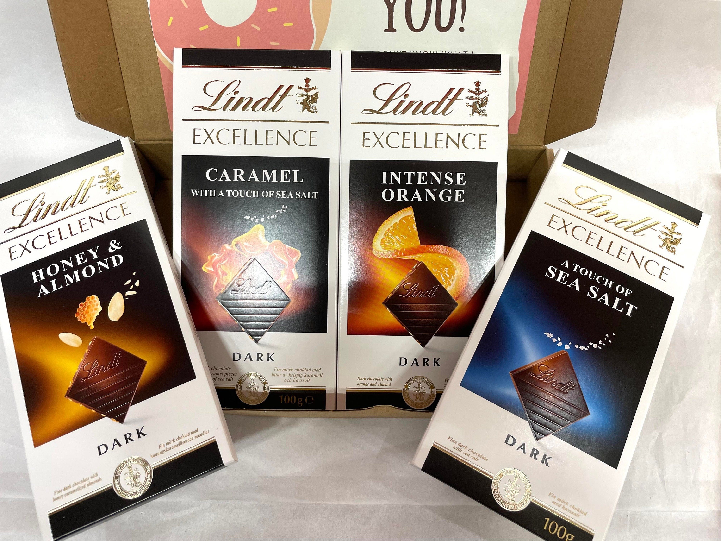 Lindt Excellence dark chocolate gift box standard size containing four 100g bars