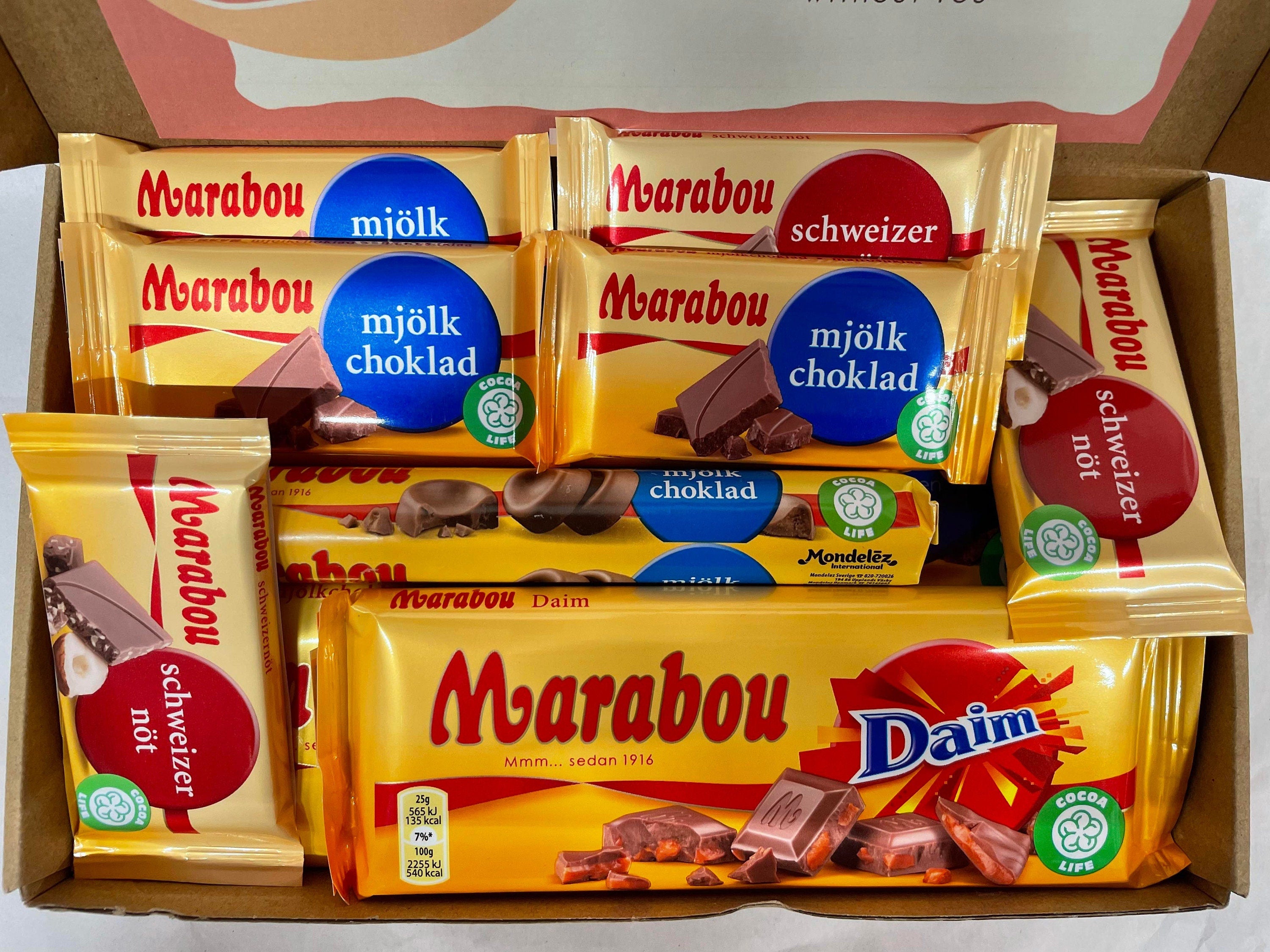 Marabou milk chocolate gift box heavy size containing seven 25g bars, three 90g bars, two 200g bars, and one 75g roll