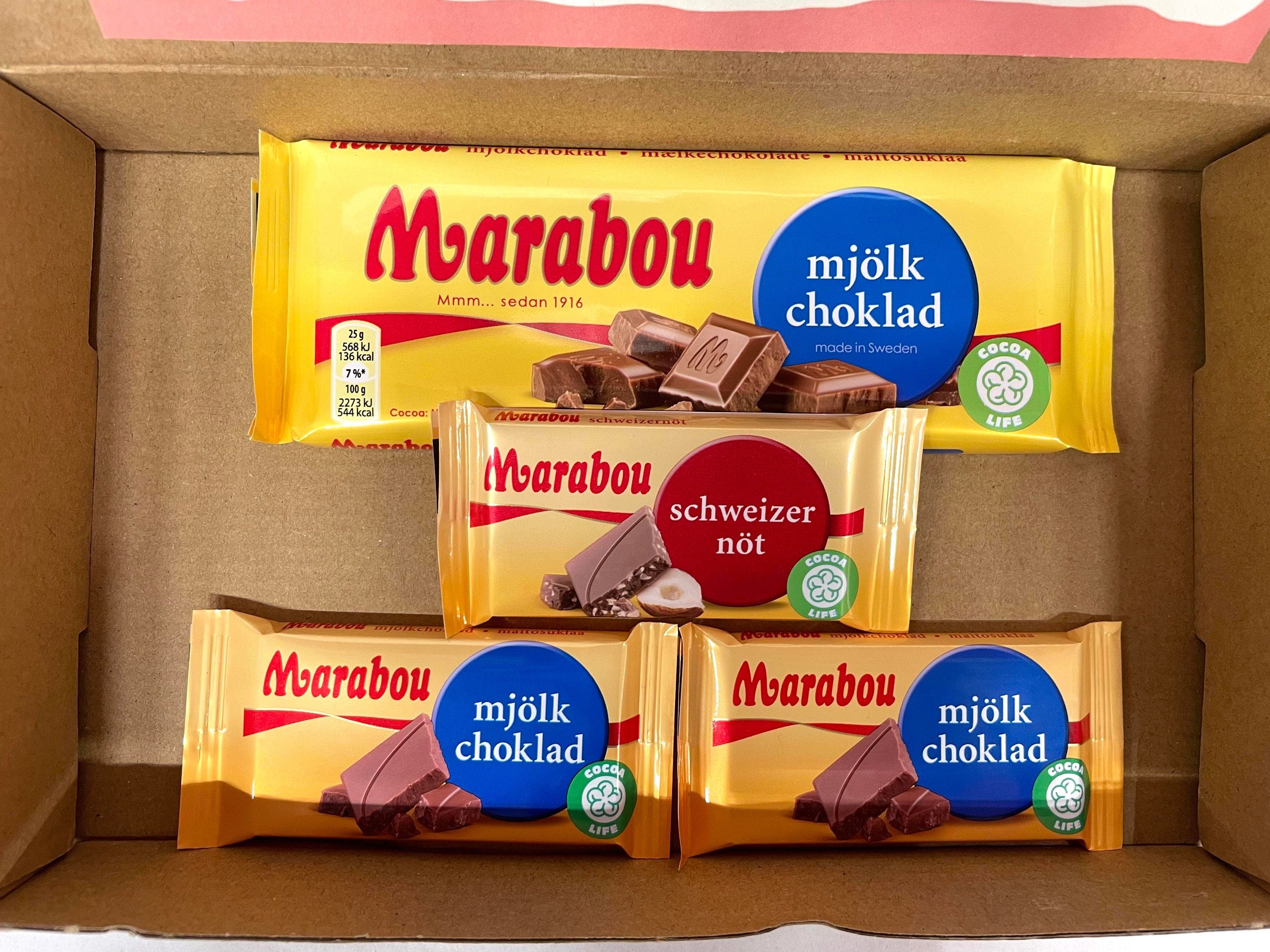 Open Marabou milk chocolate gift box light size with three 25g bars and one 90g bar and personalized greeting card