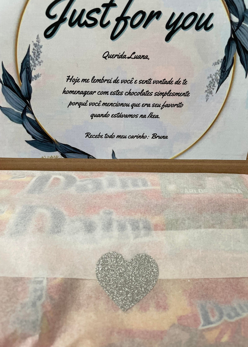 Customizable greeting card example showing personal message on chocolate box