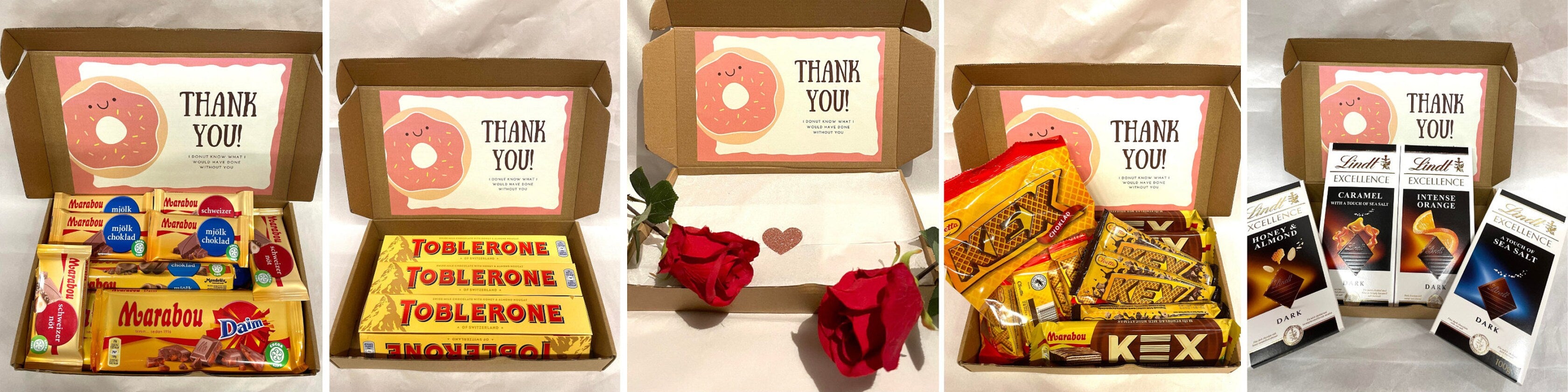 Personalized Swedish chocolate gift boxes with premium brands and custom thank you cards
